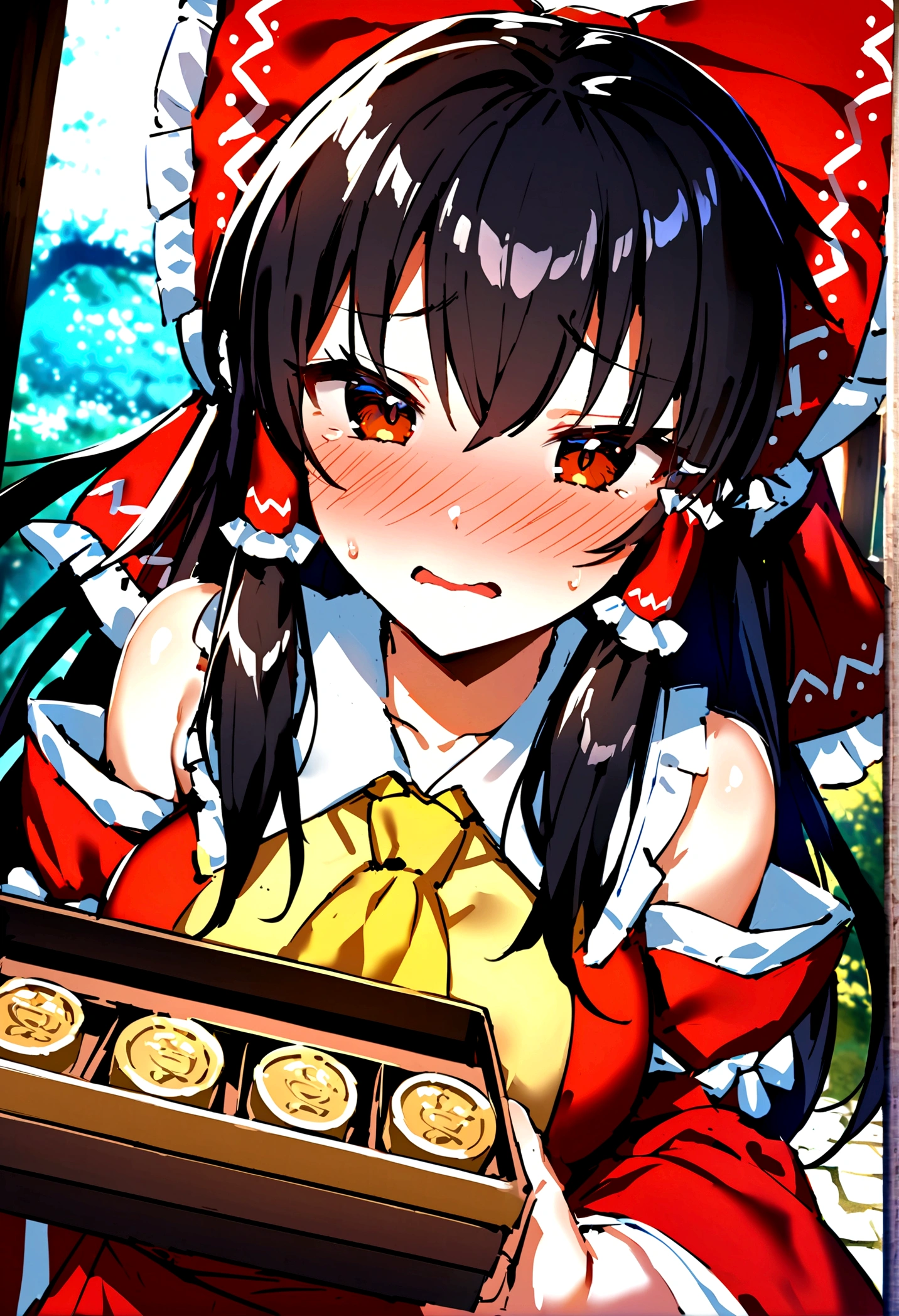 NSFW,masterpiece,Highest quality,High resolution,Super detailed,Reimu Hakurei\(Oriental Project\),Hakurei Reimu,Embarrassed,Frustrated face,Lust,blush,Expecting face,Seduce,shrine,Offering box,whole body