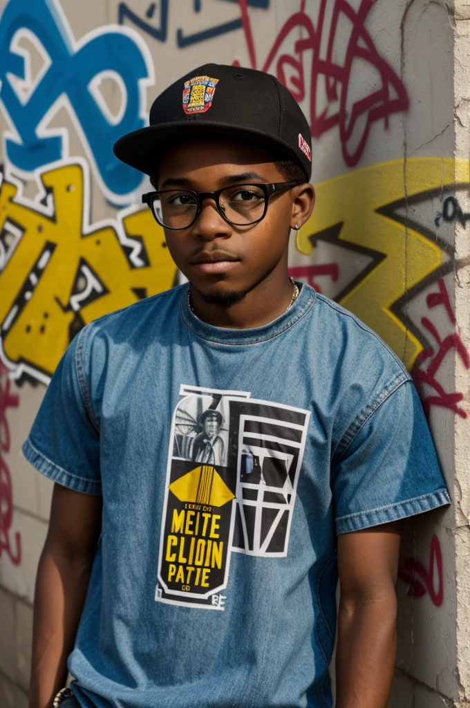 An African American boy with cap, glasses and Chicano shirt in a neighborhood behind a wall with graffiti
