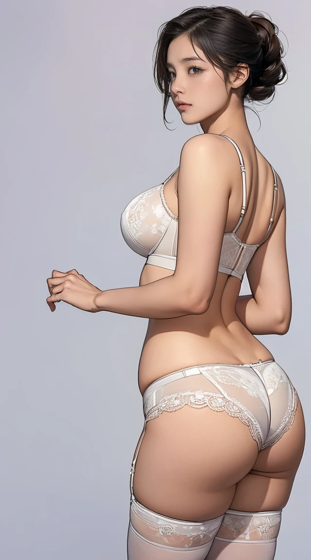 ((masterpiece)),(((highest quality))),((Reference Sheet, Character Design, in front, looking at the viewer , ~ ~ in front posing, Mr..々Hairstyle, Mr..々Performance, Facial Expressions)), 30-year-old girl, Cute type, (curvy:1.4), (big ass:1.4), Realistic buttocks, Big Breasts, big , thick thighs, Long legs, It's not a big deal, ((High quality fabric, lingerie lace white, panties, bra, stockings)), ((office school:1.0))