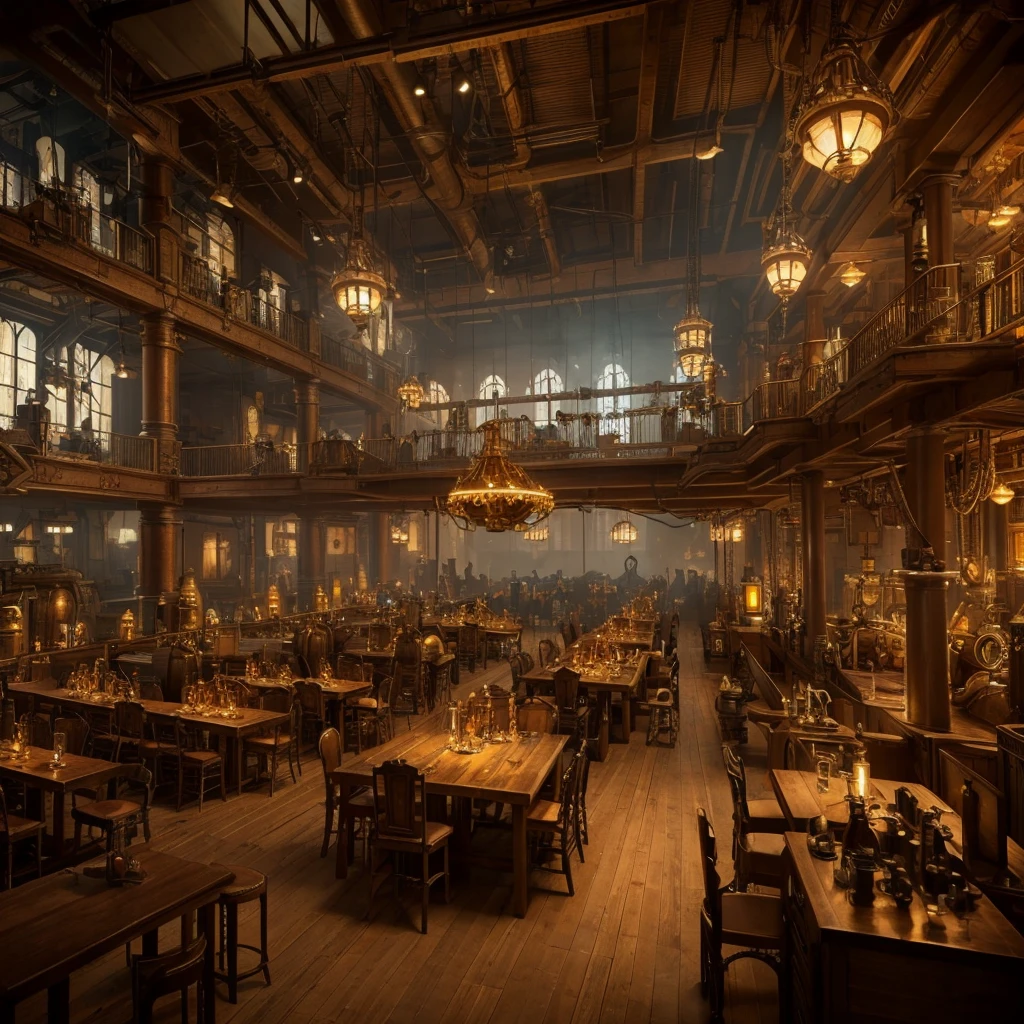 There is a large room with plenty of lighting and many tables., Steampunk Factory Background, Matte painting of steam machinery, Lighting with a fantastic atmosphere, steampunk Concept Art, Steampunk setting, Dramatic lighting. Concept Art, In the steampunk laboratory, Inspired by Victorian science fiction, 3D rendered steampunk, Theme: Steampunk, Golden steampunk city atmosphere, Concept Art stunning atmosphere