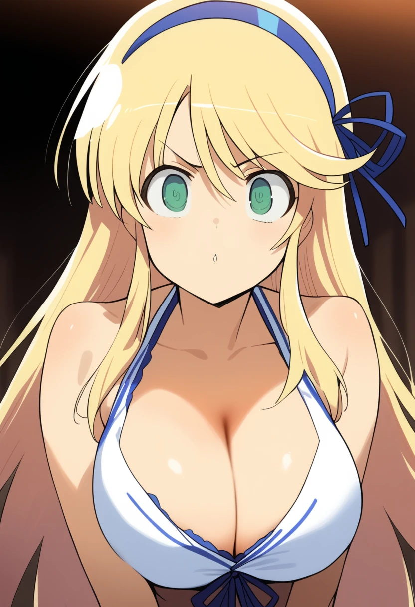 masterpiece, ((sharp expressive eyes)), ((high quality)) 1 girl, senran kagura style, katsuragi, blonde hair, blue hairband, cleavage