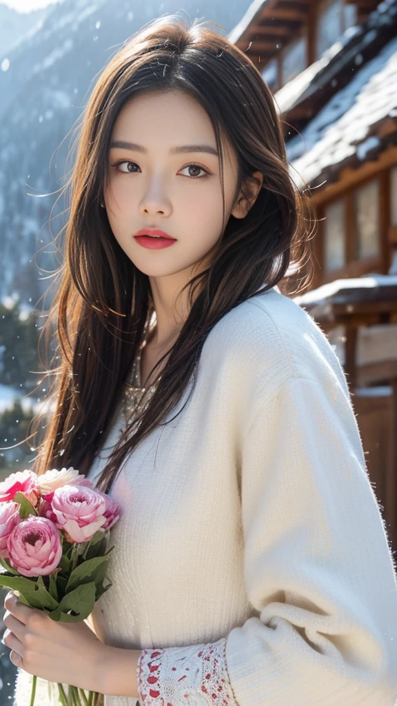 (8K,best quality,masterpiece:1.2),Ultra-high detail,Professional lighting,best quality,Ultra-high resolution,Visually stunning,Character Close-up,A woman holding flowers,Wearing wide sleeves,Her long hair was gently tied up,Revealing the slender neck,Together with the surrounding snow scenery, it creates a tranquil and mysterious atmosphere,Real human skin,(Perfect body 1.3)Super delicate face。