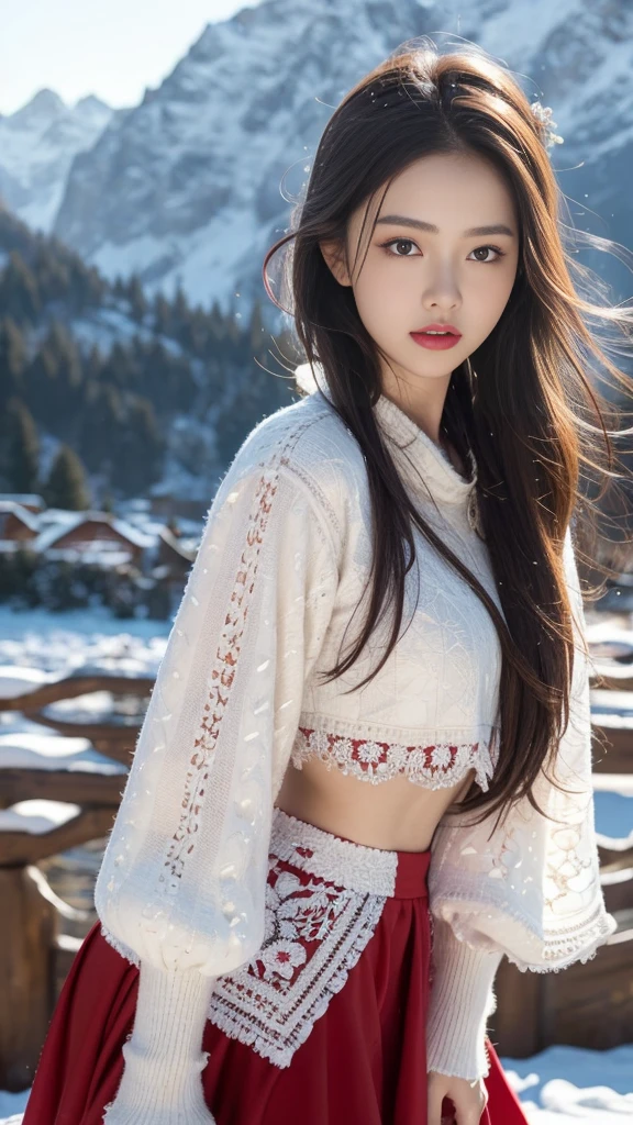 （8K，best quality，masterpiece：1.2），Ultra-high detail，Professional lighting，best quality，Ultra-high resolution，Visually stunning，Character Close-up，A woman holding flowers，Wearing wide sleeves，Her long hair was gently tied up，Revealing the slender neck，Together with the surrounding snow scenery, it creates a tranquil and mysterious atmosphere，Real human skin，（Perfect body 1.3）Super delicate face。