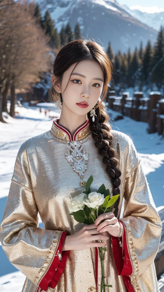 （8K，best quality，masterpiece：1.2），Ultra-high detail，Professional lighting，best quality，Ultra-high resolution，Visually stunning，Character Close-up，A woman holding flowers，Wearing wide sleeves，Her long hair was gently tied up，Revealing the slender neck，Together with the surrounding snow scenery, it creates a tranquil and mysterious atmosphere，Real human skin，（Perfect body 1.3）Super delicate face。