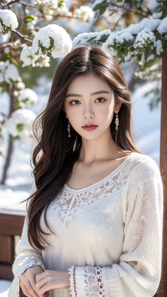 （8K，best quality，masterpiece：1.2），Ultra-high detail，Professional lighting，best quality，Ultra-high resolution，Visually stunning，Character Close-up，A woman holding flowers，Wearing wide sleeves，Her long hair was gently tied up，Revealing the slender neck，Together with the surrounding snow scenery, it creates a tranquil and mysterious atmosphere，Real human skin，（Perfect body 1.3）Super delicate face。