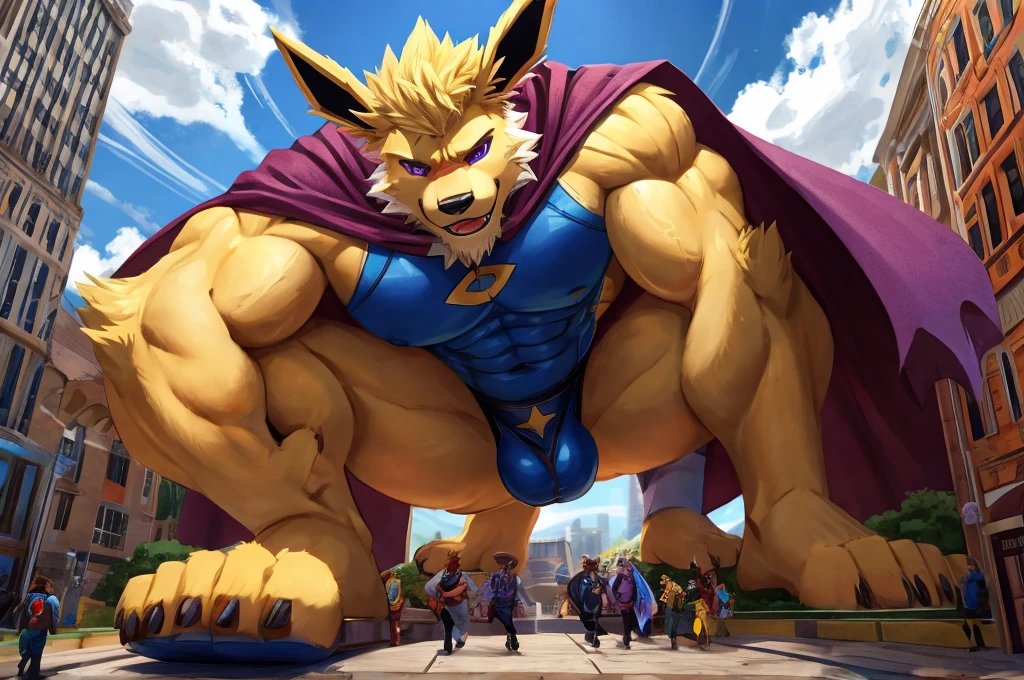 Giant Anthropomorphic Jolteon Pokemon Man, Purple Eyes, Muscular, Looming over the viewer, Tired, Handsome, Charming, View from below, Daddy, Bara, Horny, Flirty, Older Brother, Four toed feet, cock and balls, teasy, teasing the viewer, Macro, Bully, Jock, flirting with tiny viewer, Superhero Costume, Black underwear, Cape