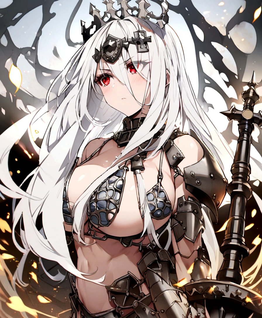 Iron bikini armor, iron crown, bare belly, big breasts, black hair, red eyes, bikini armor, iron