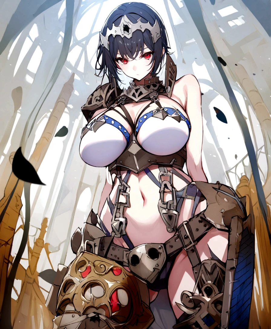 Iron bikini armor, iron crown, bare belly, big breasts, black hair, red eyes, bikini armor, iron