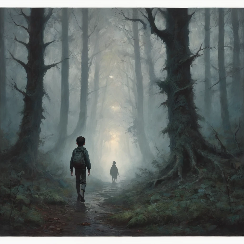 A boy walks alone in a dimly lit forest, the trees towering above him with twisted branches, and an eerie fog rolling in.