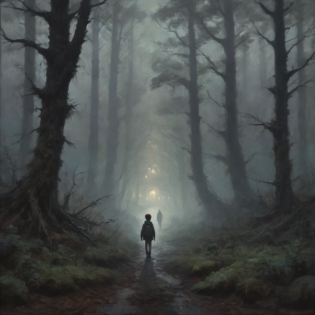 A boy walks alone in a dimly lit forest, the trees towering above him with twisted branches, and an eerie fog rolling in.
