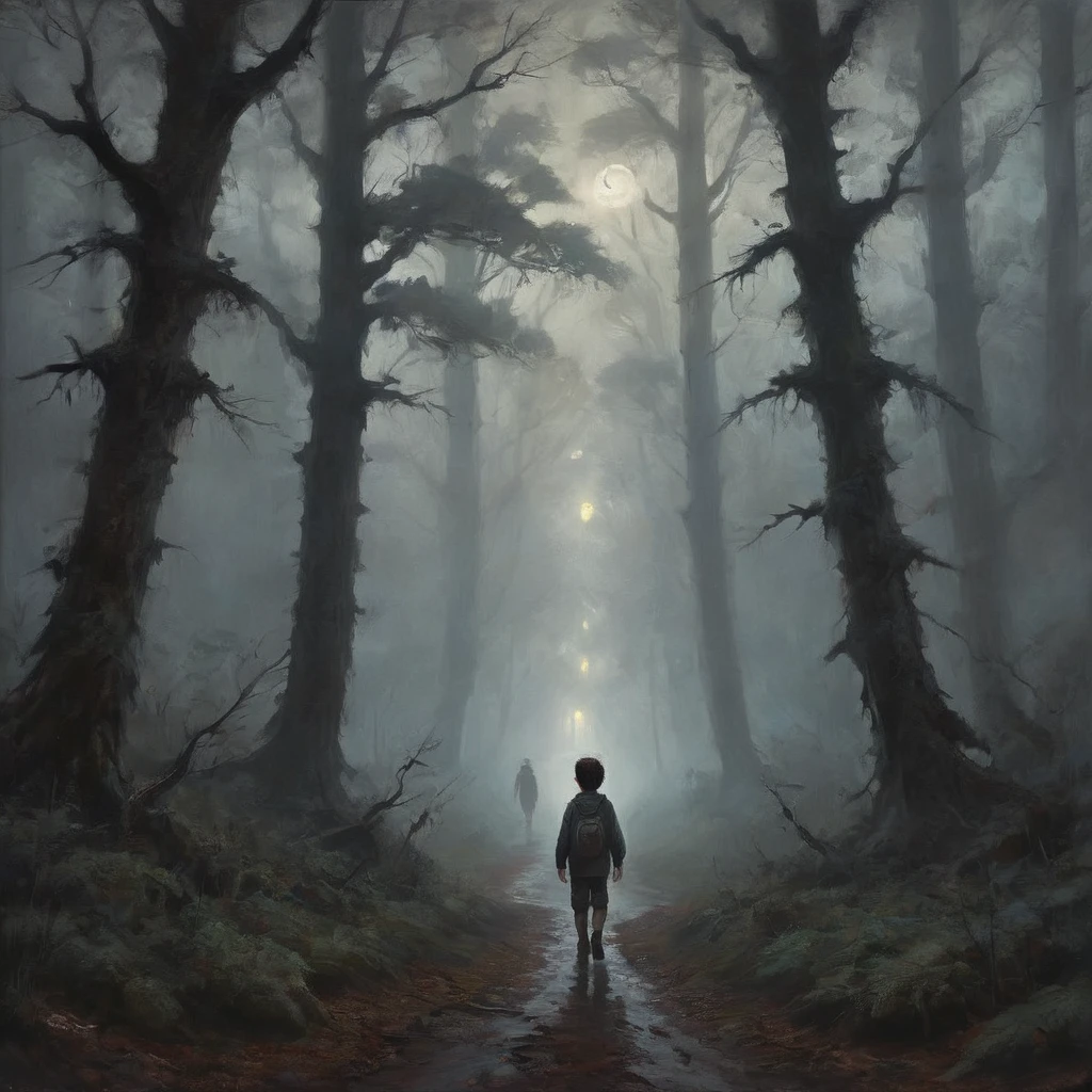 A boy walks alone in a dimly lit forest, the trees towering above him with twisted branches, and an eerie fog rolling in.
