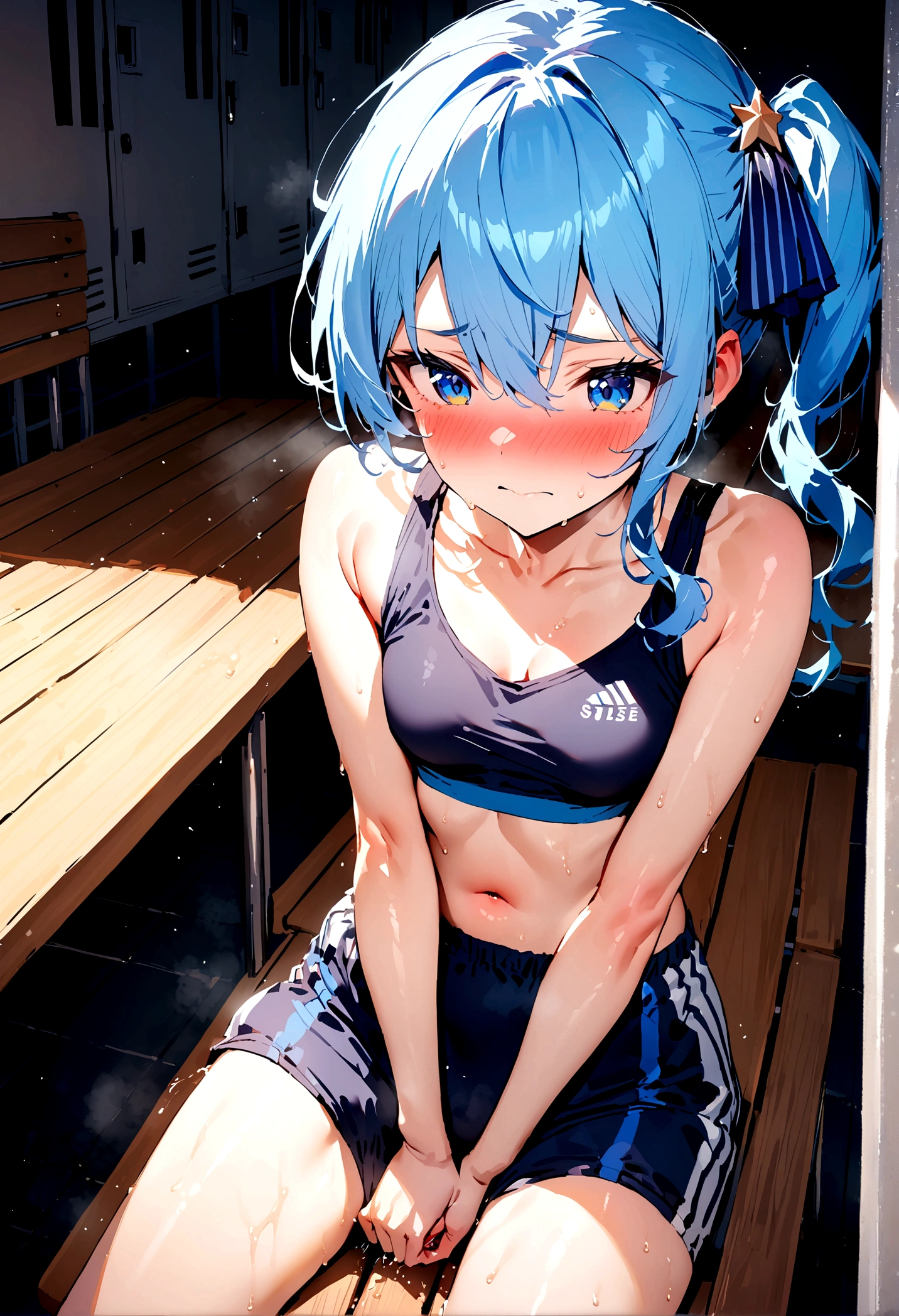 NSFW,masterpiece,Highest quality,High resolution,Super detailed,Star Town Suisei\(Hololive\),Blue Hair,One Side Ponytail,Blue Eyes,Small breasts,Track and field club,Descente Bra Top,Descente One Point Shorts,Streaks,School,locker room,bench,Embarrassed,blush,(In heat),Expecting face,(Masturbation),(Squirting)