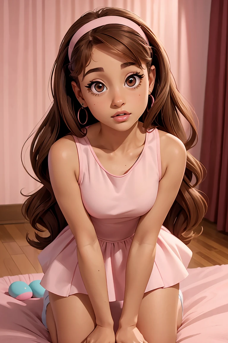 Ariana Grande, Long brown hair, light brown eyes, pink mini dress, room background, on her knees, front View, looking camera, look