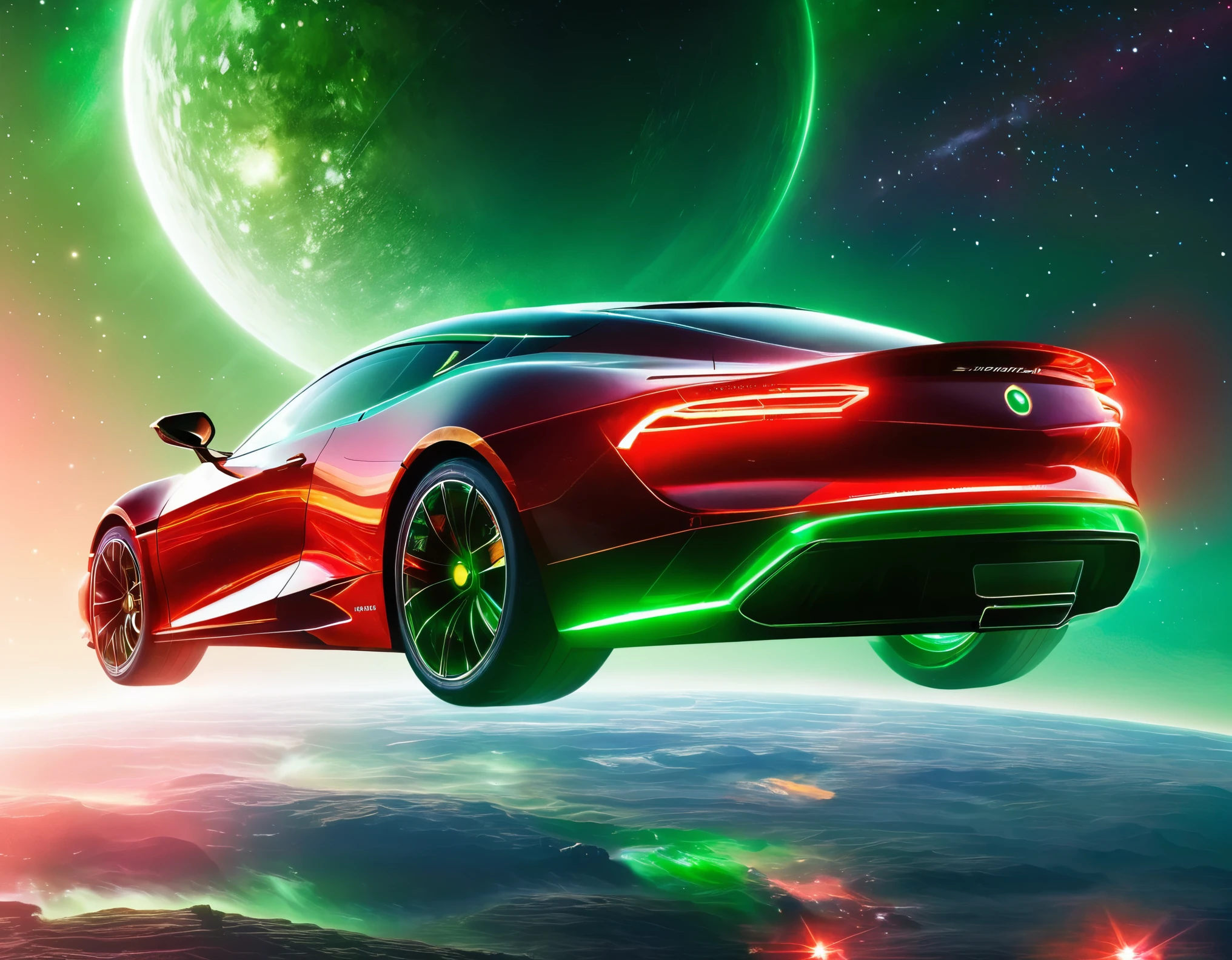 "An advanced starship traveling through space, featuring a gradient sky from green to red with scattered stars. The ship’s design includes a circular front, elongated body, and nacelles, with a detailed metallic finish and bright lights accentuating its futuristic look."