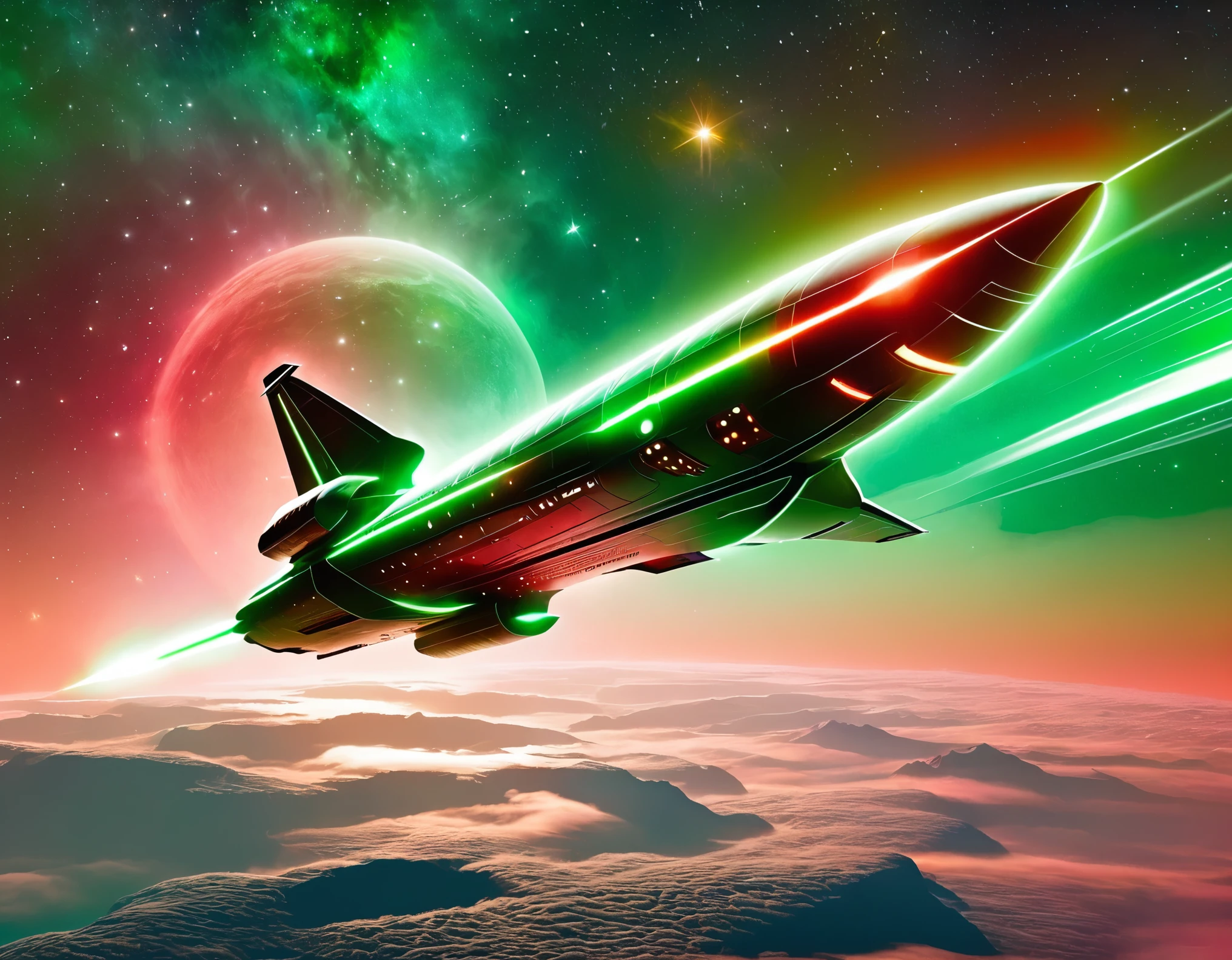 "An advanced starship traveling through space, featuring a gradient sky from green to red with scattered stars. The ship’s design includes a circular front, elongated body, and nacelles, with a detailed metallic finish and bright lights accentuating its futuristic look."