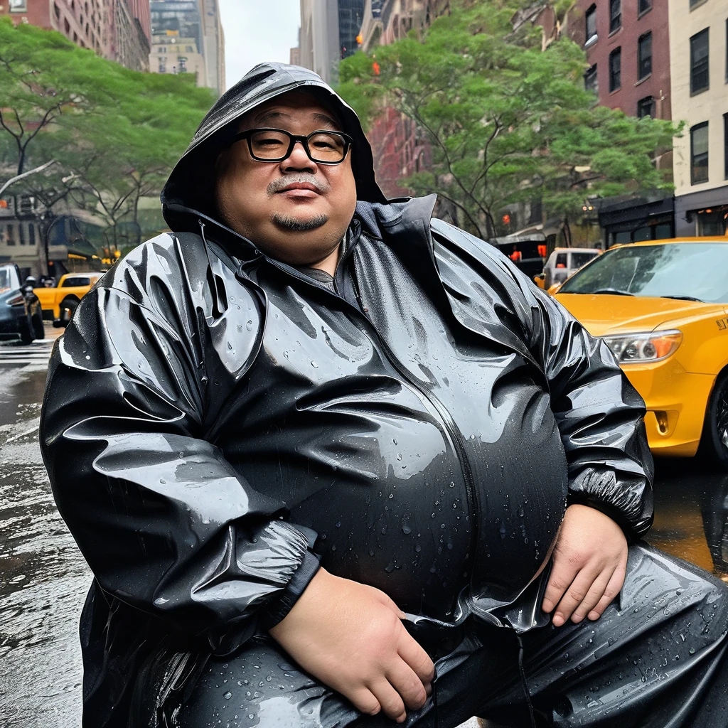 Professional photo, sharp 4K, beautiful light, Man 50 years old, Fat man, Chubby man, Malaysia, wearing eye glasses, no shirt, wearing a rain hoody coat, Show belly, wet from the rain, sitting , in New York City.