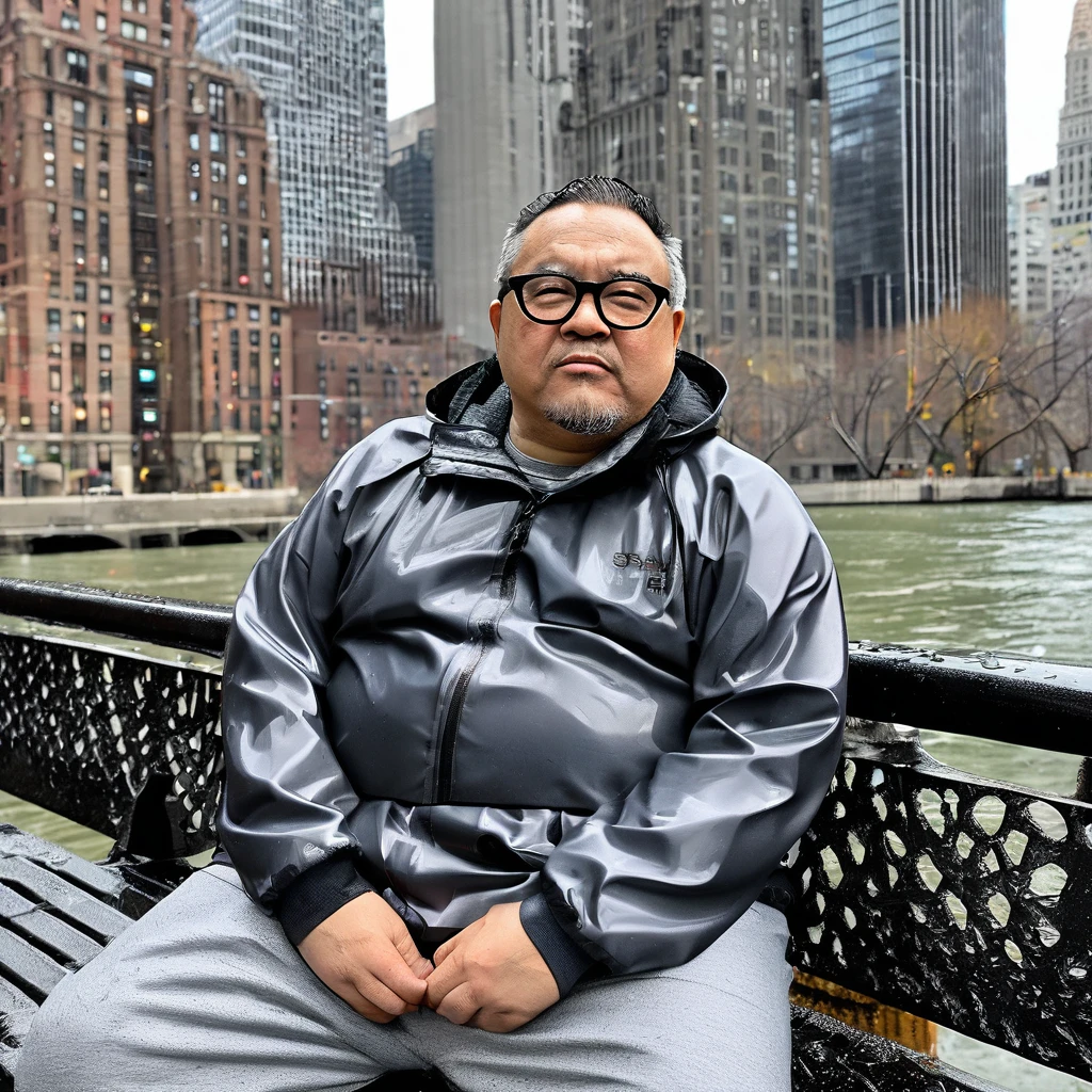 Professional photo, sharp 4K, beautiful light, Man 50 years old, Fat man, Chubby man, Malaysia, wearing eye glasses, no shirt, wearing a rain hoody coat, Show belly, wet from the rain, sitting , in New York City.