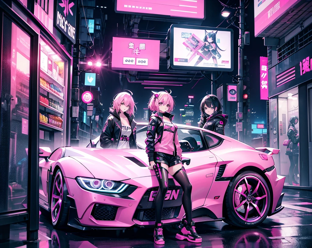 3 girls, cyberpunk outfit, pink car, cyberpunk aesthetic, pink vending machine, cyberpunk street, pink signs, night