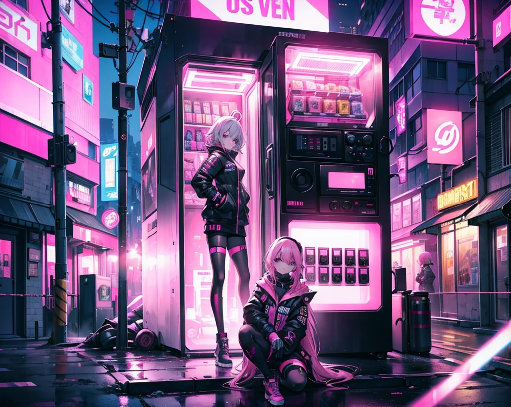 3 girls, cyberpunk outfit, pink car, cyberpunk aesthetic, pink vending machine, cyberpunk street, pink signs, night