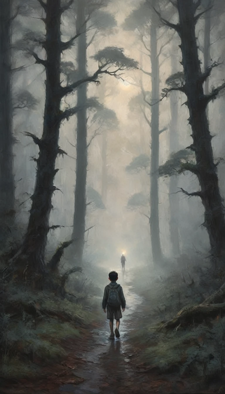 A boy walks alone in a dimly lit forest, the trees towering above him with twisted branches, and an eerie fog rolling in.
