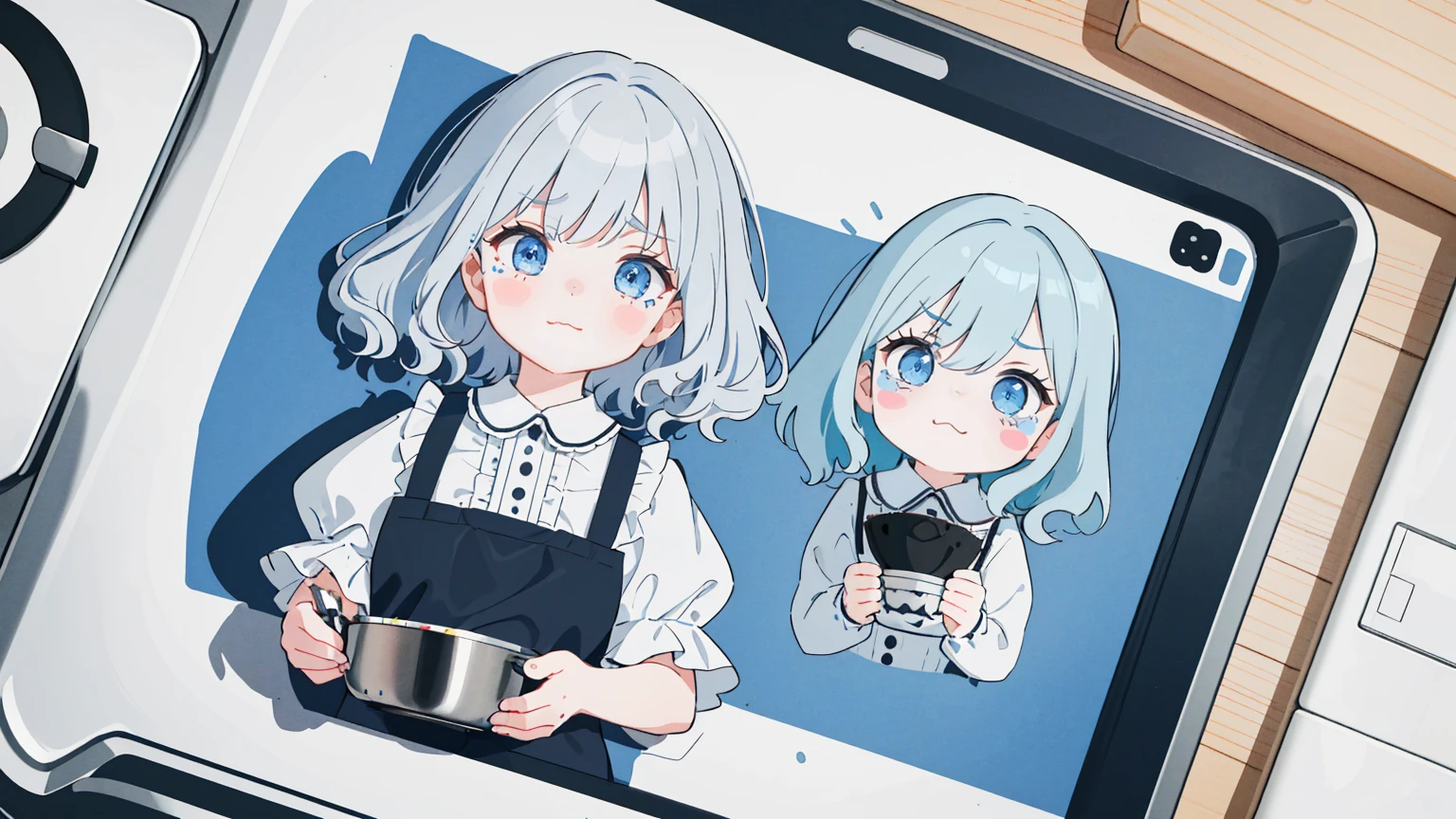 (Highest quality), (Very detailed), (whole body: 1.2), 1 Girl, a bit, cute, Crying face,tears,(Colorful and cute kitchen:1.3), Light blue, Black and white gothic ta outfit, blush, : 3,(Bangli and, Gray Hair,(Bright Blue Eyes:1.2),(Short hair with lots of hair),(Fluffy curly hair), (Brown eyelash stickers, Bangortiful detailed face), (Beautiful and detailed eyelid body,cutepose,(cooking),(Top view:1.2),