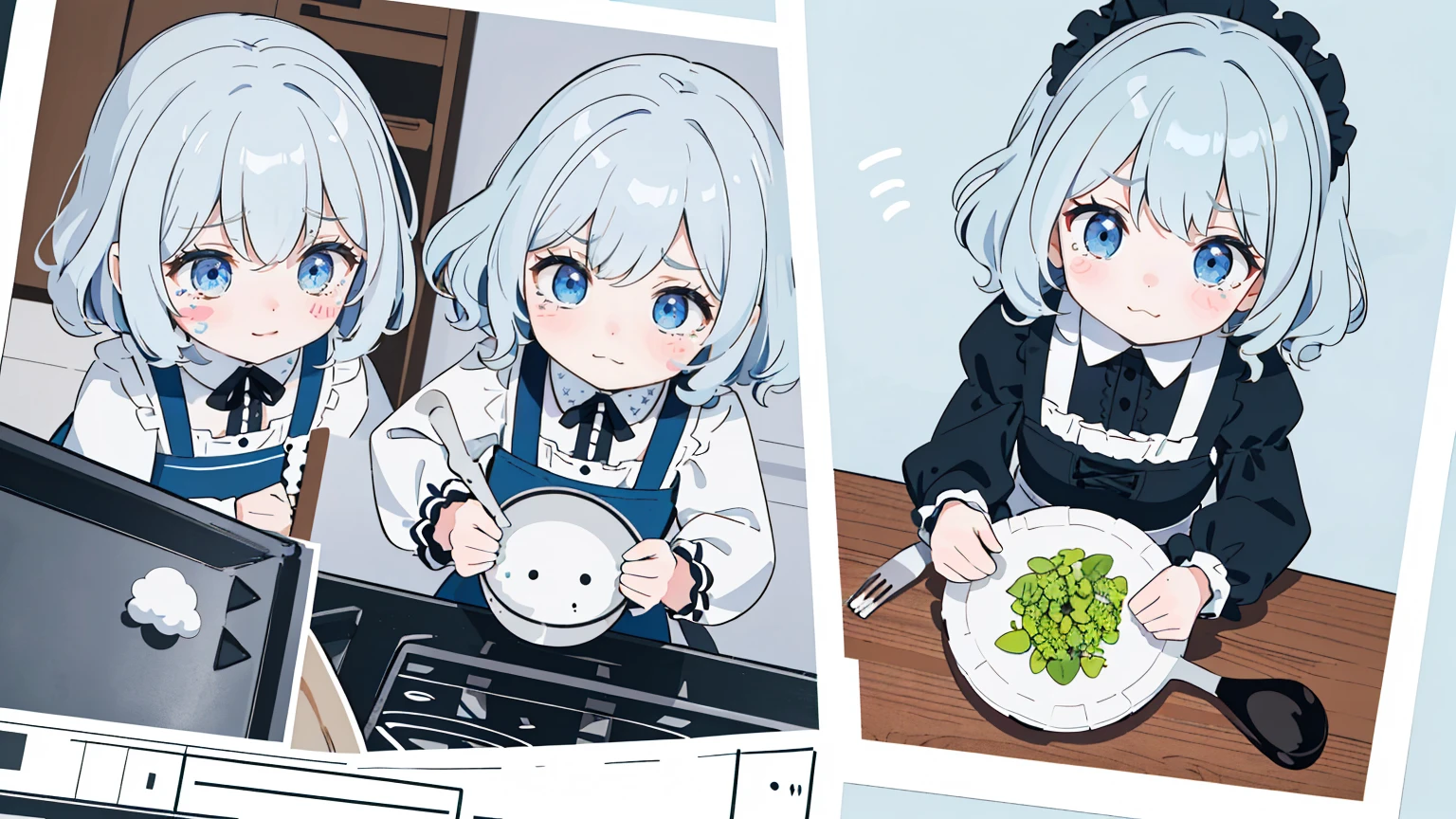  (Highest quality), (Very detailed), (whole body: 1.2), 1 Girl, a bit, cute, Crying face,tears,(Colorful and cute kitchen:1.3), Light blue, Black and white gothic lolita outfit, blush, : 3,(Bangli and, Gray Hair,(Bright Blue Eyes:1.2),(Short hair with lots of hair),(Fluffy curly hair), (Brown eyelash stickers, Bangortiful detailed face), (Beautiful and detailed eyelid body,cutepose,(cooking),(Top view:1.2),
