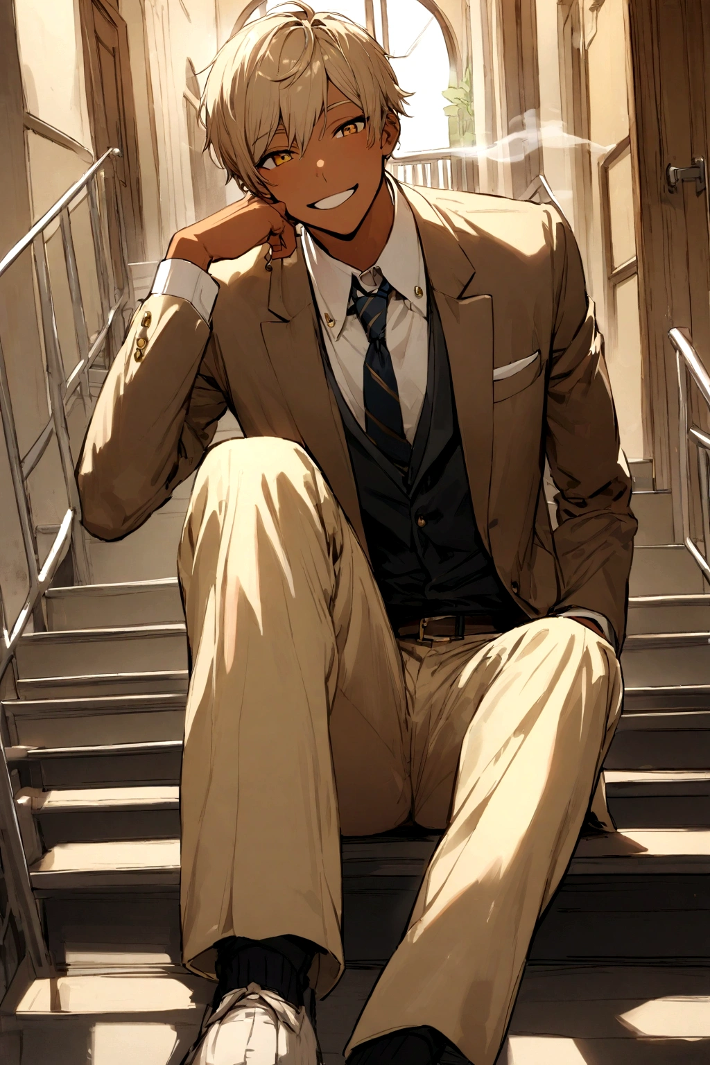 A cute light tan skinned boy in  sitting on the stairs with a cheerful smile while smoking on the stairs from his high school 