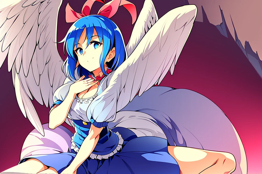 masterpiece, best quality, 1girl, , , 10 years old, medium blue hair, hair flaps, pink ribbon on head, well-formed face, blue eyes, angel girl, white blouse, puffy short sleeves, red ribbon, angel wings, long white skirt, red shoes, frills, ribbon head, from behind, to lift up one’s skirt, cowboy shot, from front, standing , raise one leg, crossed arms, arms up behind, arms behind back, hand between legs, put hands hip, one hand on hip, forward hands, arms raised in the air, punch hands, peace sign, waving, put up index finger, sit, lie down, closed eyes, lie face down, looking back, put one hand chest, leaning forward, cleavage, close up, horizontally outstretched arms, horizontally outstretched legs, front view, front face