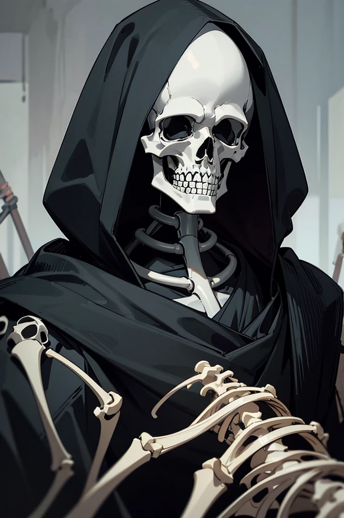 A man in a black raincoat on the background of a ruined city. A man has a skeleton instead of a body, He wears a black half face mask and hood, Of the human, he has only eyes and the skin around his eyes