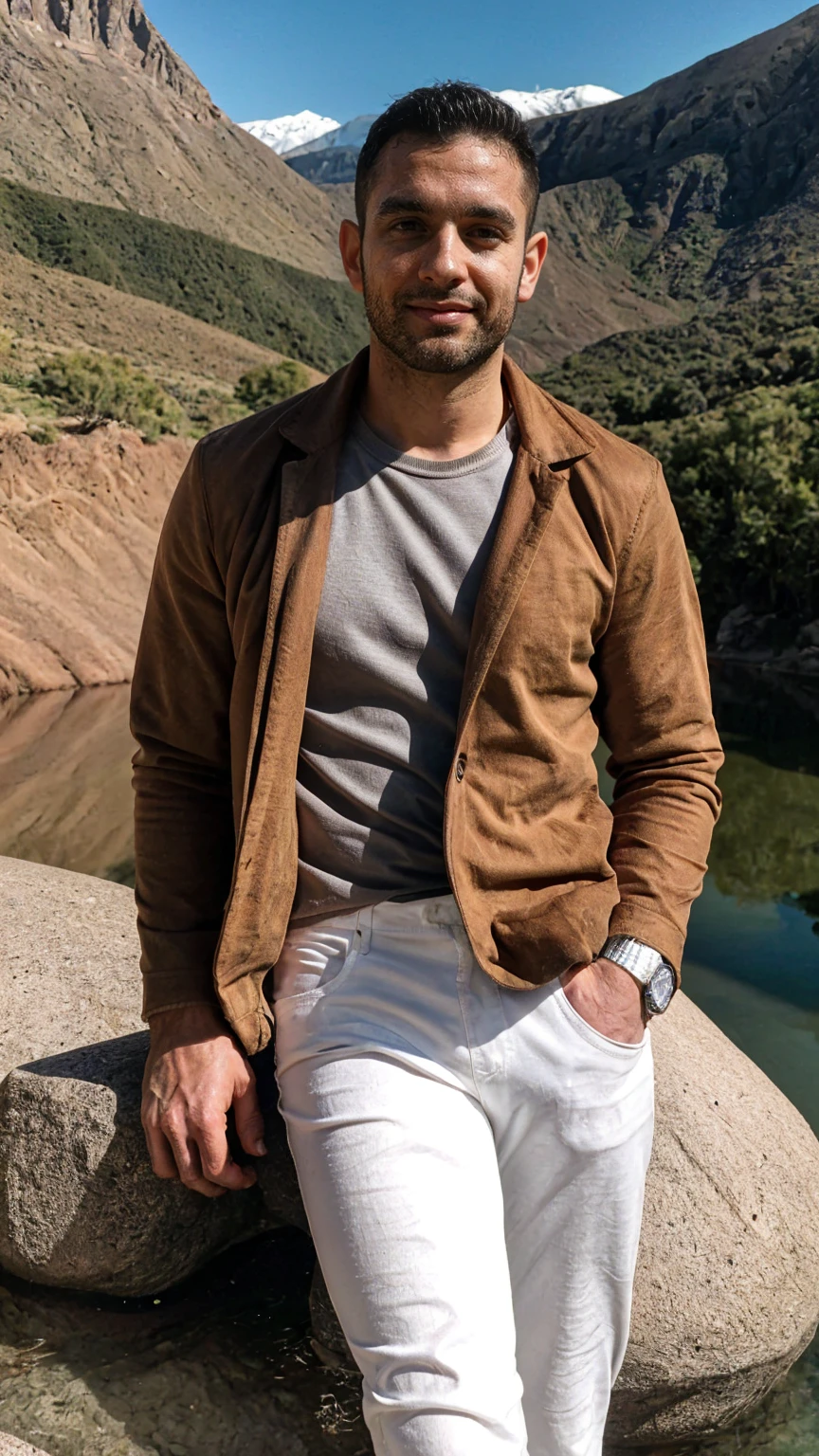 Real image of a handsome athletic Turkish man in his 30s wearing brown Louis Vuitton jacket and white jean pants posing sexy on a rock in the middle of a mountain stream, arid zone. Landscape of Mendoza Argentina.