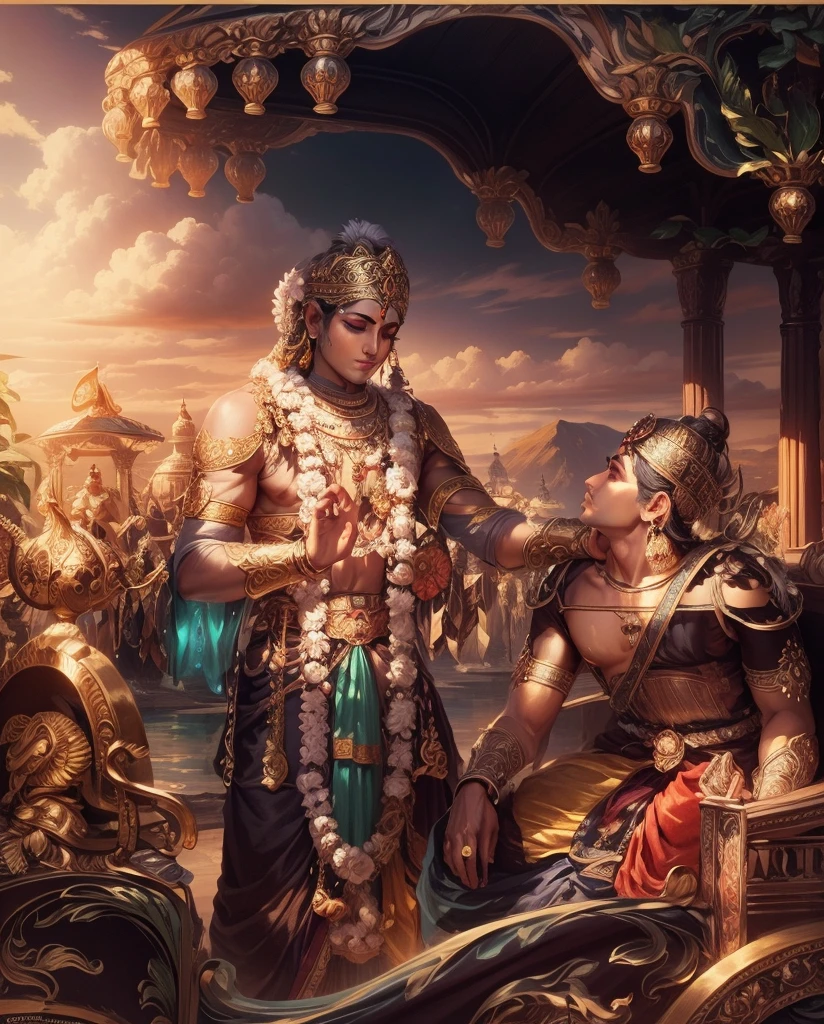"Shree Krishna, divine aura, serene expression, vibrant colors, intricate details, ethereal background, sacred symbol, majestic posture, divine light, celestial beauty, divine grace, divine love."
