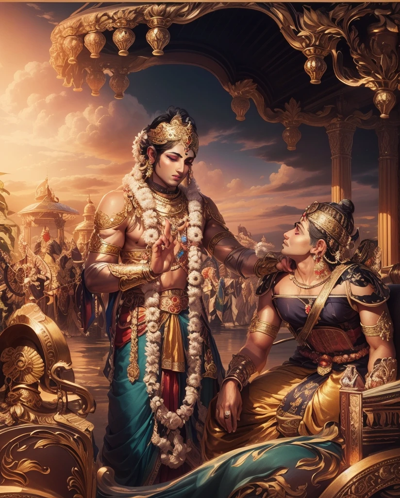 "Shree Krishna, divine aura, serene expression, vibrant colors, intricate details, ethereal background, sacred symbol, majestic posture, divine light, celestial beauty, divine grace, divine love."