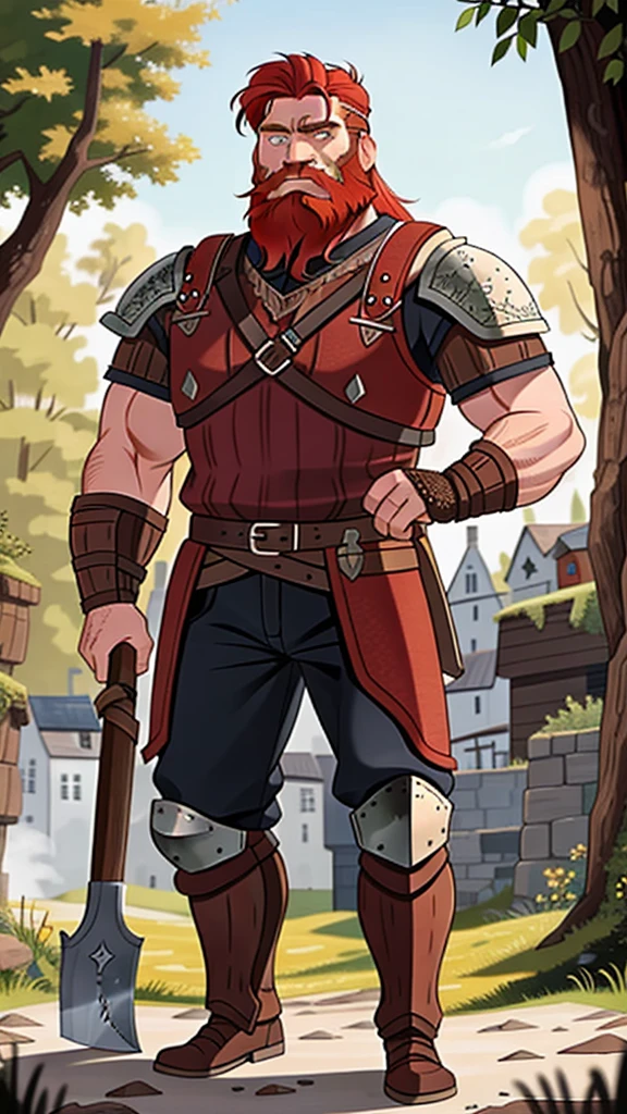 Ingólfr Einarr is a 40-year-old red-haired Viking man with a full beard, outgoing, muscular and very attractive, who wears his imposing medieval armor. hyper detailed and super realistic. cartoon style. Ingólfr Einarr is raising his axe, he is holding an axe