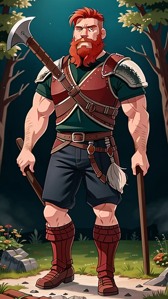 Ingólfr Einarr is a 40-year-old red-haired Viking man with a full beard, outgoing, muscular and very attractive, who wears his imposing medieval armor. hyper detailed and super realistic. cartoon style. Ingólfr Einarr is raising his axe, he is holding an axe