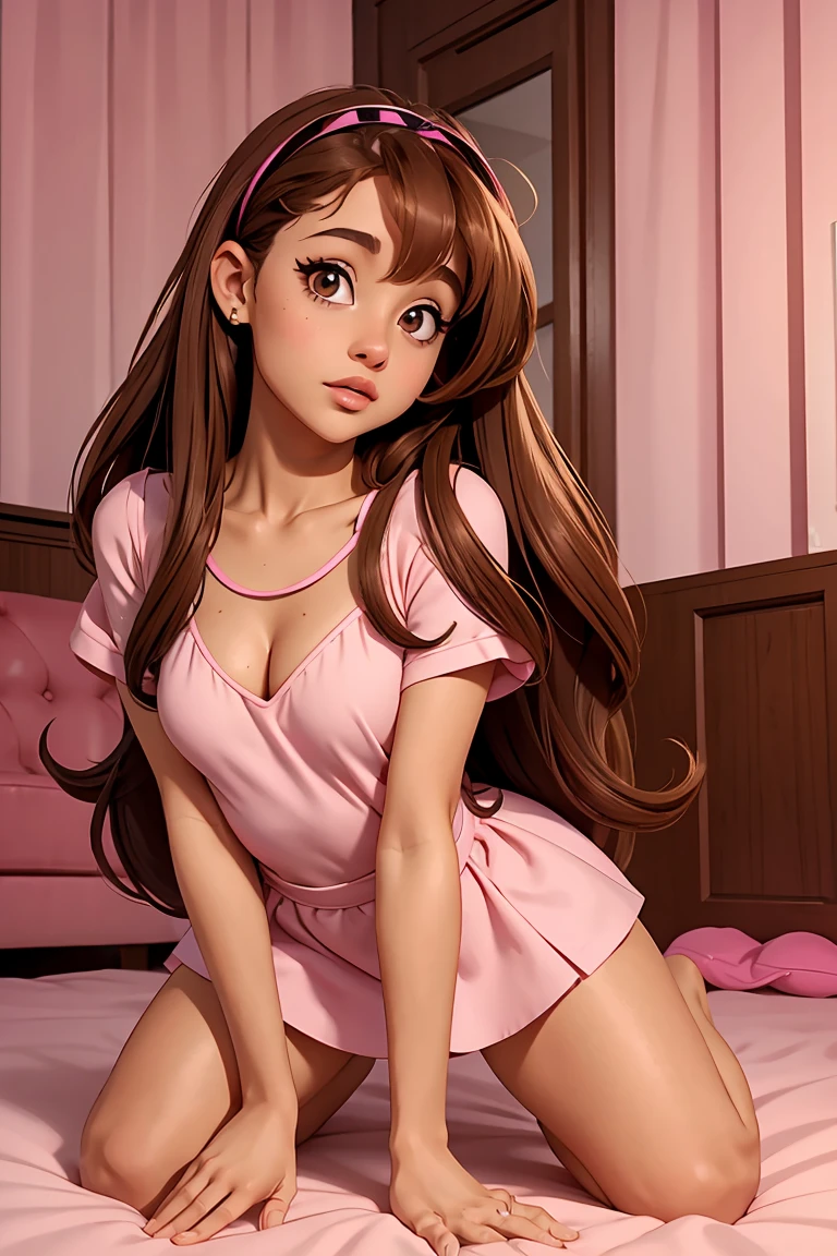 Ariana Grande, Long brown hair, light brown eyes, pink mini dress, room background, on her knees, front View, looking camera, sexy look
