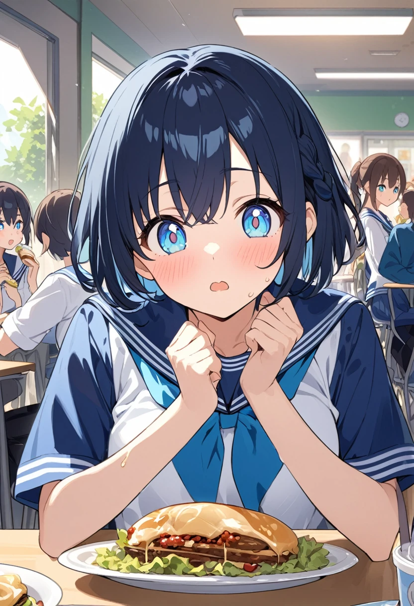 You are a professional illustrator。Please carefully check and draw the illustration according to the following conditions.。High school students enjoying their lunch in a crowded cafeteria、Delicate and beautiful anime face、Clear Eyes、Sailor suit、Braided short hair、
