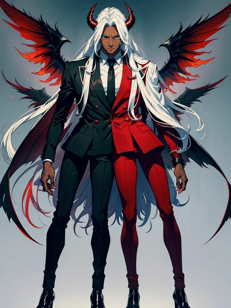 Male character, handsome, dark skin, black wings, wearing a red suit, long white hair, emerald green eyes, his appearance is that of a fire demon, his body is that of a fire demon with giant horns, a bestial body, a hideous, intimidating appearance, a horrible, ugly, hideous demon.