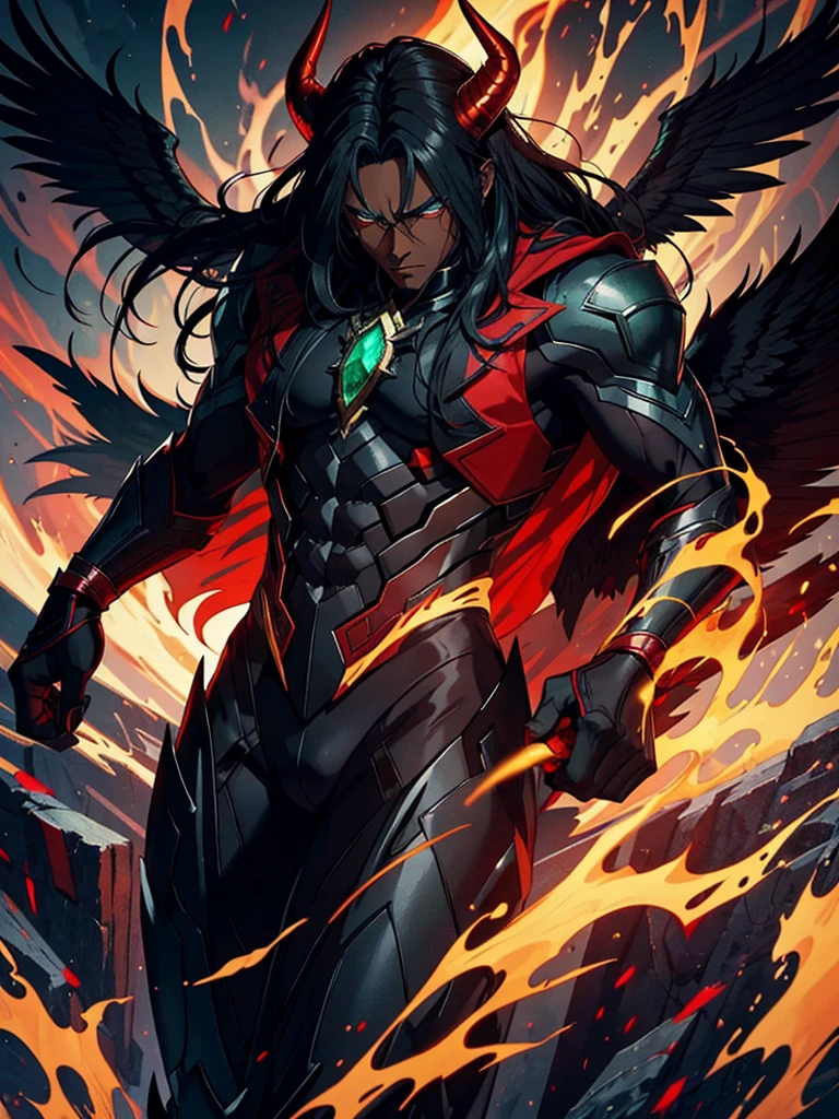 Male character, handsome, dark skin, black wings, wearing a red suit, long white hair, emerald green eyes, his appearance is that of a fire demon, his body is that of a fire demon with giant horns, a bestial body, a hideous, intimidating appearance, a horrible, ugly, hideous demon.