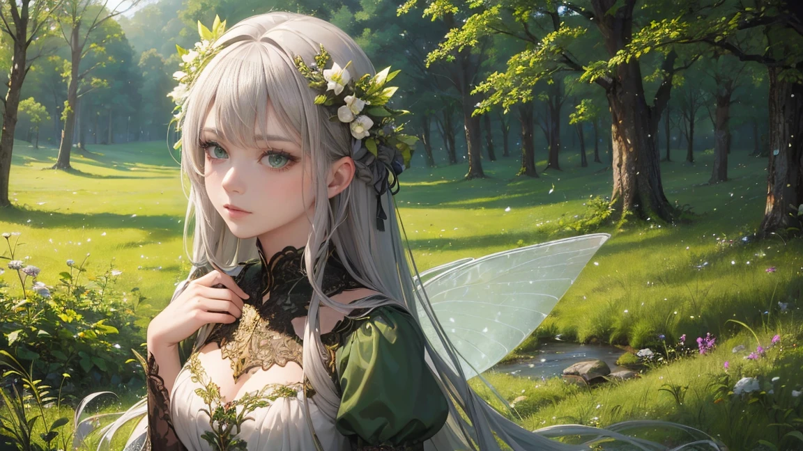 (Highest quality,High resolution,masterpiece:1.2),Super detailed,Realistic,Portraiture,Painting,Green Eyes,Straight gray hair,nymph,whole body,Dressed in grass,Magical Forest,Captivating setting,nature,Fairy Wings.