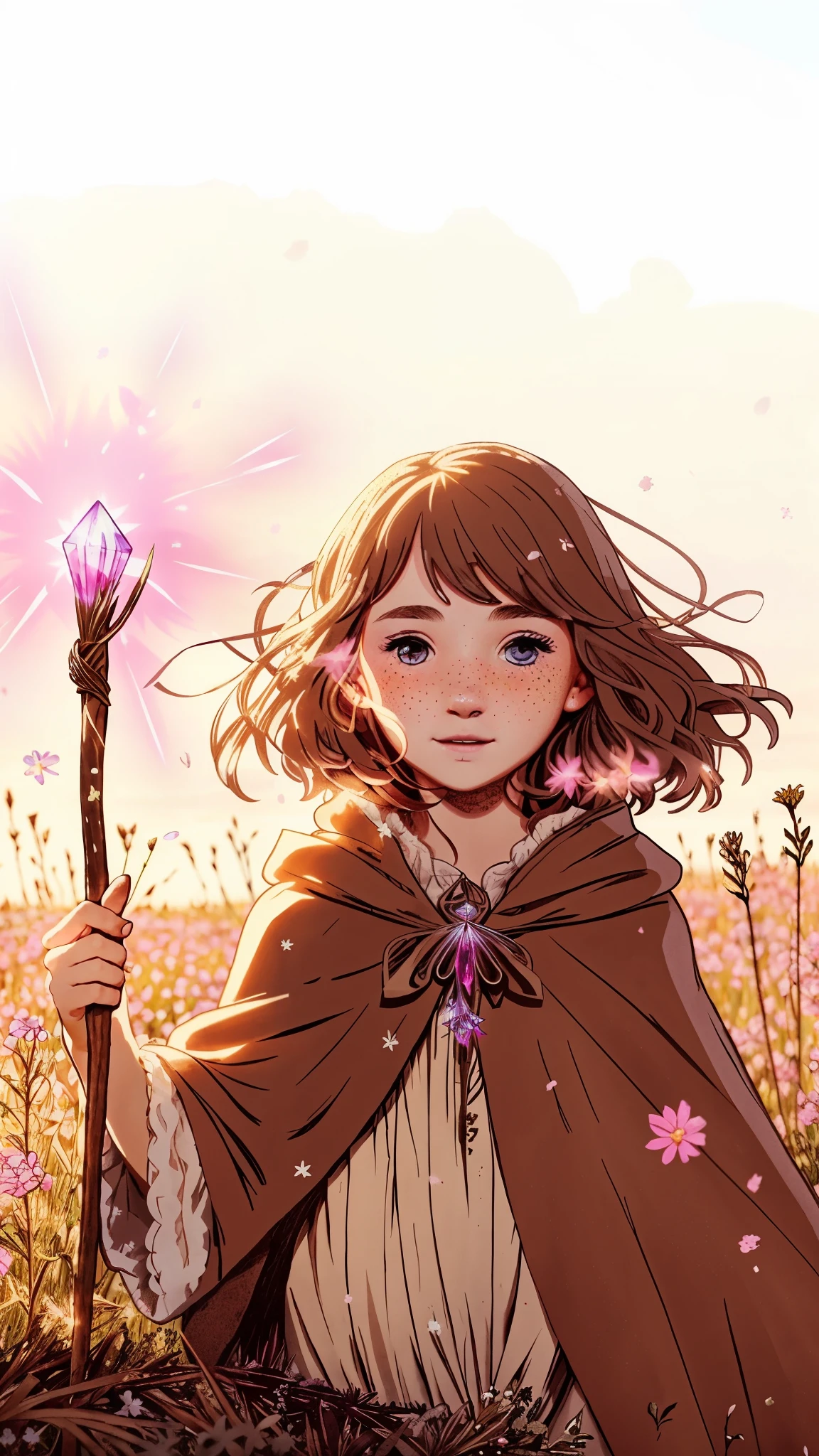 teenager girl with freckles and a look of wonder, dressed in a simple brown cloak, stands amidst a field of wildflowers on a sunny day. They hold a staff topped with a glowing crystal in their hand, channeling a soft, pink mist that rises from the ground around them – a manifestation of their healing magic, ((freckles)), ((magic)), ((Girl))