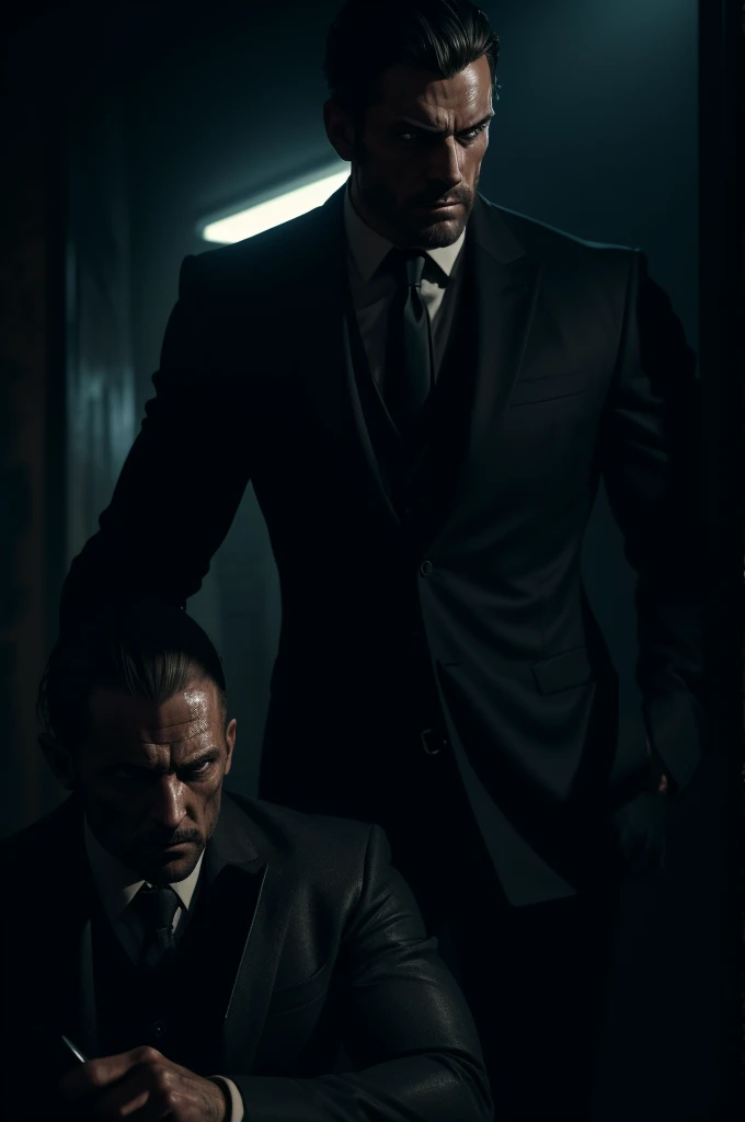 a handsome and realistic scary man, detailed face, striking eyes, sharp jawline, muscular build, wearing a dark suit, holding a knife, standing over a dead woman's body, murder scene, gritty, cinematic lighting, dramatic shadows, moody atmosphere, cold colors, photorealistic, 8k, intricate details, masterpiece