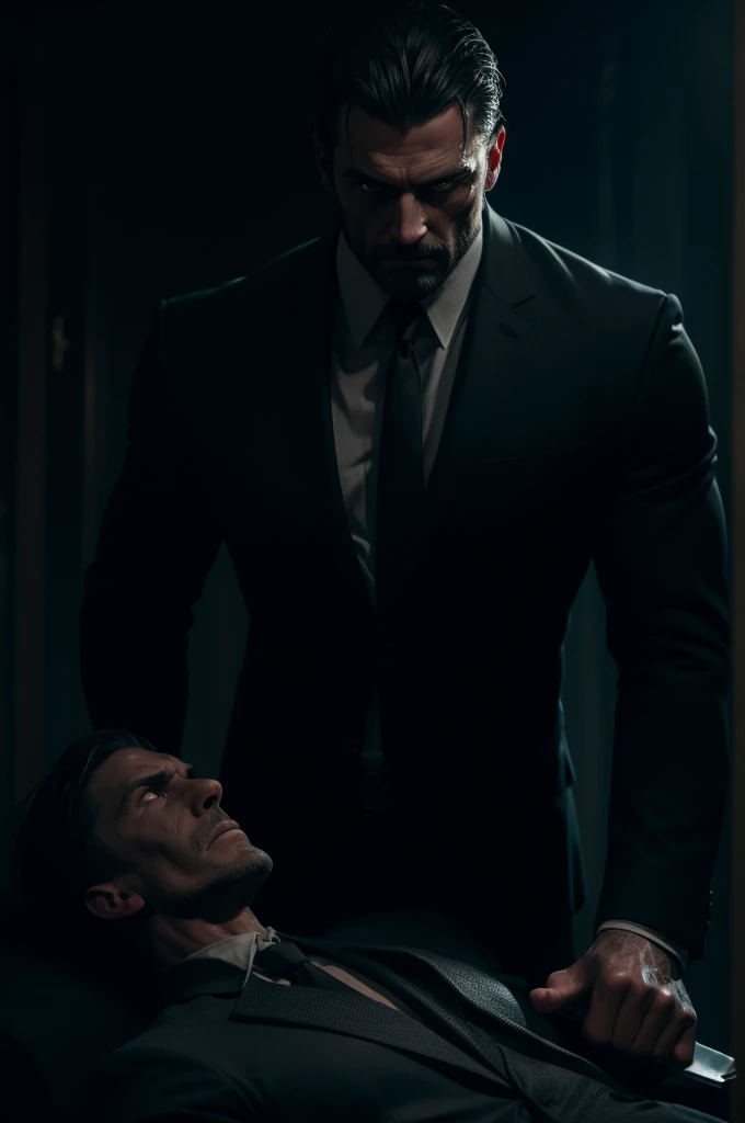 a handsome and realistic scary man, detailed face, striking eyes, sharp jawline, muscular build, wearing a dark suit, holding a knife, standing over a dead woman's body, murder scene, gritty, cinematic lighting, dramatic shadows, moody atmosphere, cold colors, photorealistic, 8k, intricate details, masterpiece