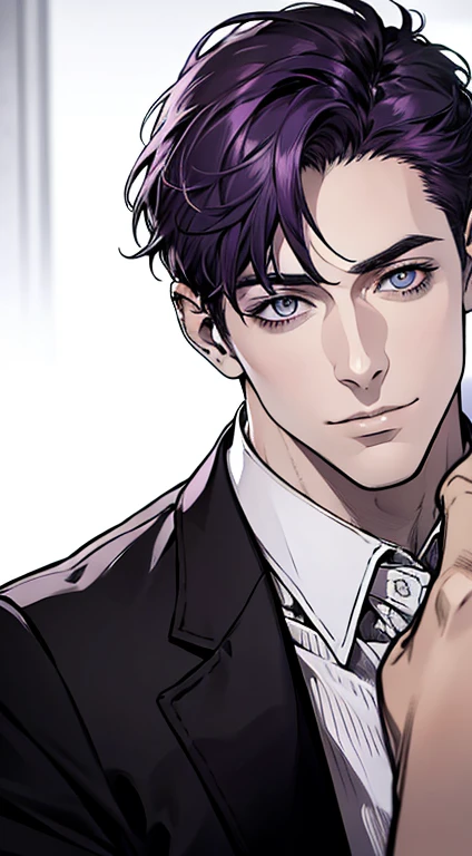 (best quality,4k,8k,highres,masterpiece:1.2),ultra-detailed,(realistic,photorealistic,photo-realistic:1.37),1 man,31 years old,mature man,very handsome,without expression,smile,short purple hair,blue eyes,penetrating gaze,perfect face without errors,imposing posture,businessman,office background,cinematic lighting,hdr image