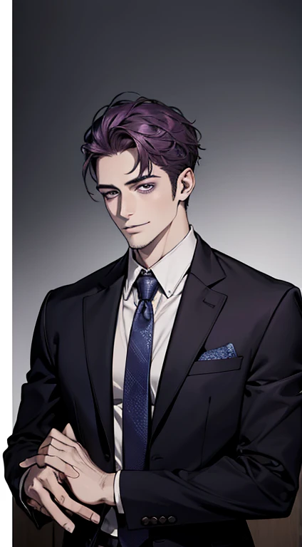 (best quality,4k,8k,highres,masterpiece:1.2),ultra-detailed,(realistic,photorealistic,photo-realistic:1.37),1 man,31 years old,mature man,very handsome,without expression,smile,short purple hair,blue eyes,penetrating gaze,perfect face without errors,imposing posture,businessman,office background,cinematic lighting,hdr image