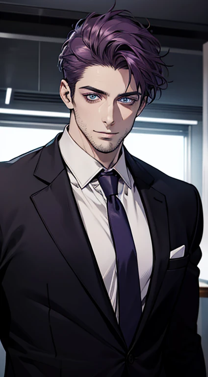 (best quality,4k,8k,highres,masterpiece:1.2),ultra-detailed,(realistic,photorealistic,photo-realistic:1.37),1 man,31 years old,mature man,very handsome,without expression,smile,short purple hair,blue eyes,penetrating gaze,perfect face without errors,imposing posture,businessman,office background,cinematic lighting,hdr image