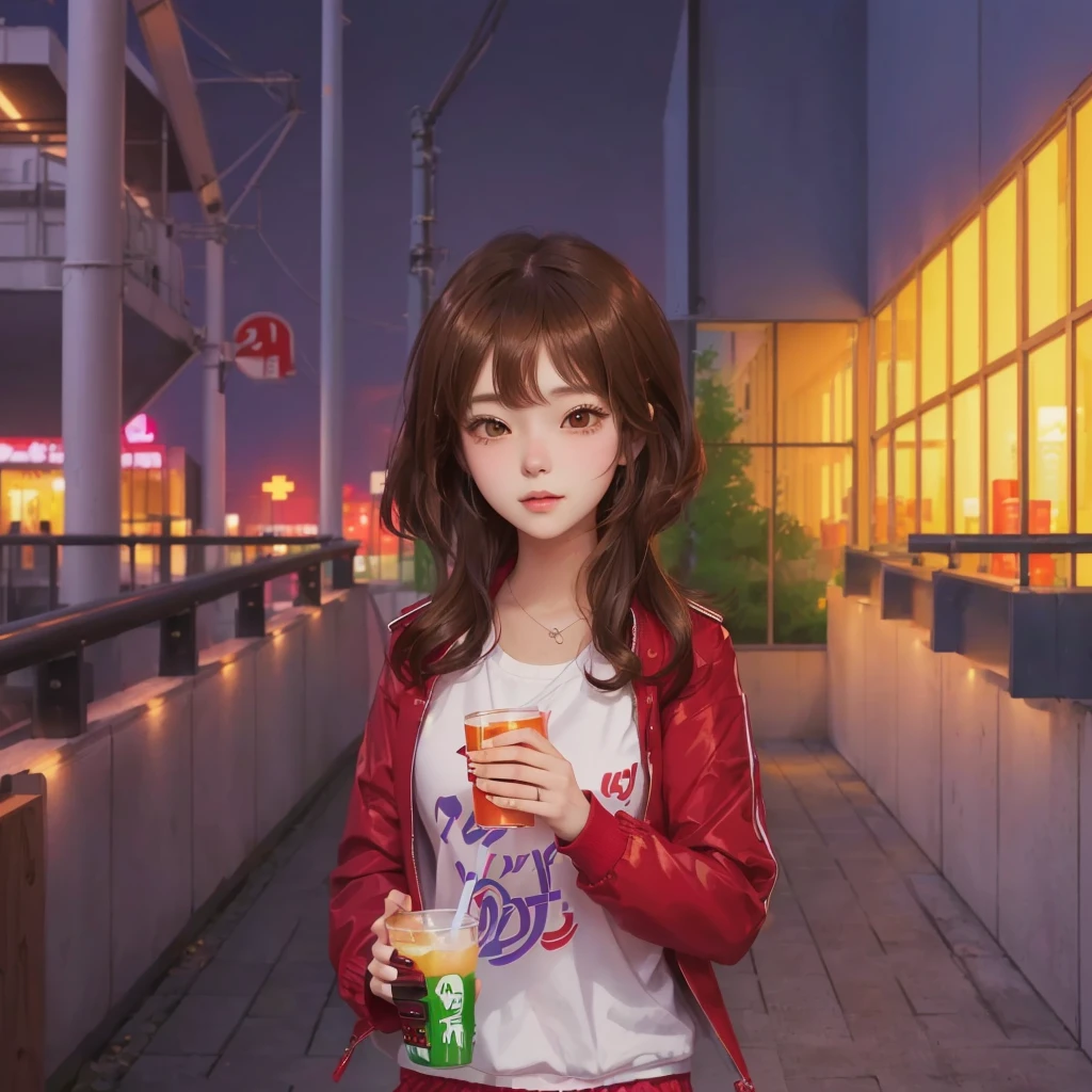 girl in a red jacket holding a drink and looking at her phone, moe artstyle, lofi girl, lofi portrait, girl drinks energy drink, lofi artstyle, chihiro! fujisaki, style 4 k,