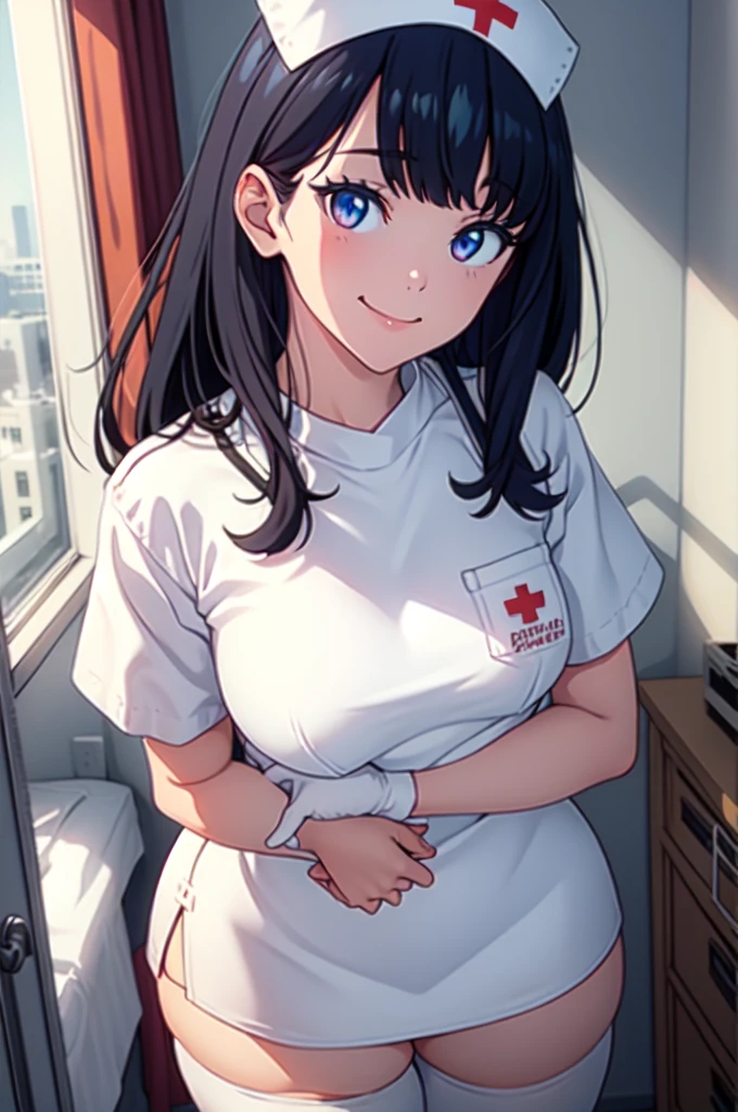 rikka,takarada rikka,bangs, long hair, black hair, blue eyes, thick thighs, solo, nurse, ((white nurse cap, white nurse's outfit)), ((white legwear, zettai ryouiki)), white gloves, smile, closed mouth, standing, hospital room, sharp outline, short sleeves, best quality, masterpiece