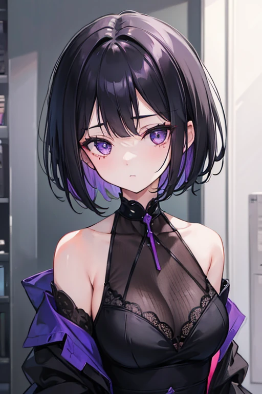 A girl with short black hair, purples eyes, a scar in line on the neck, black gown