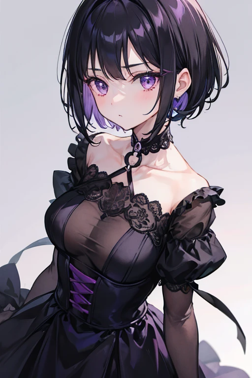 A girl with short black hair, purples eyes, a scar in line on the neck, black gown