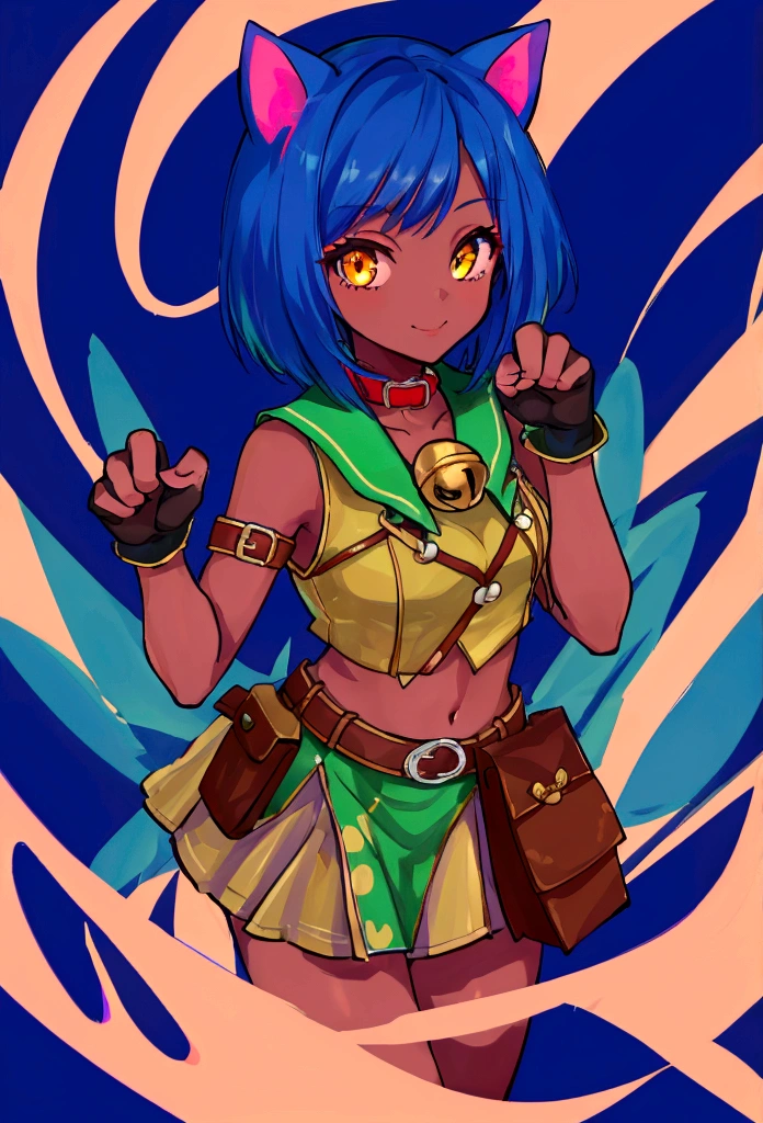 (masterpiece, best quality:1.2), solo, 1girl, sgmsfortune, dark skin, dark-skinned female, smile, looking at viewer, paw pose, bob cut, crop top, fingerless gloves, collar, bell, belt, pouch, cat tail